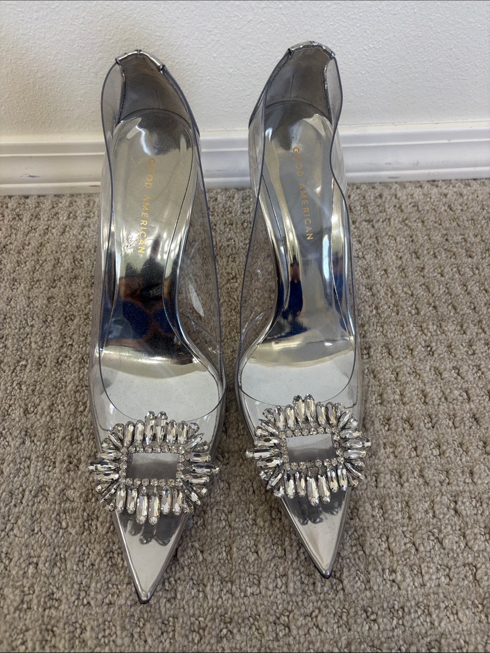Good American Silver Clear Pointed Crystal-Buckle Pumps